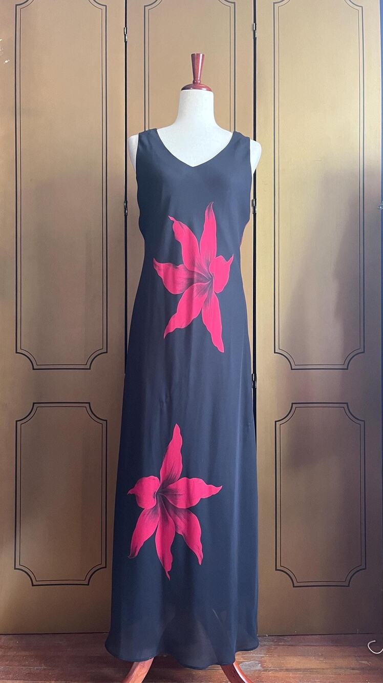 Vintage slip maxi dress in black with red flowers, size L